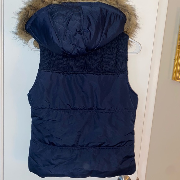 Navy Blue Zip Up Puff Vest with Detachable Fur Hood - Picture 3 of 5